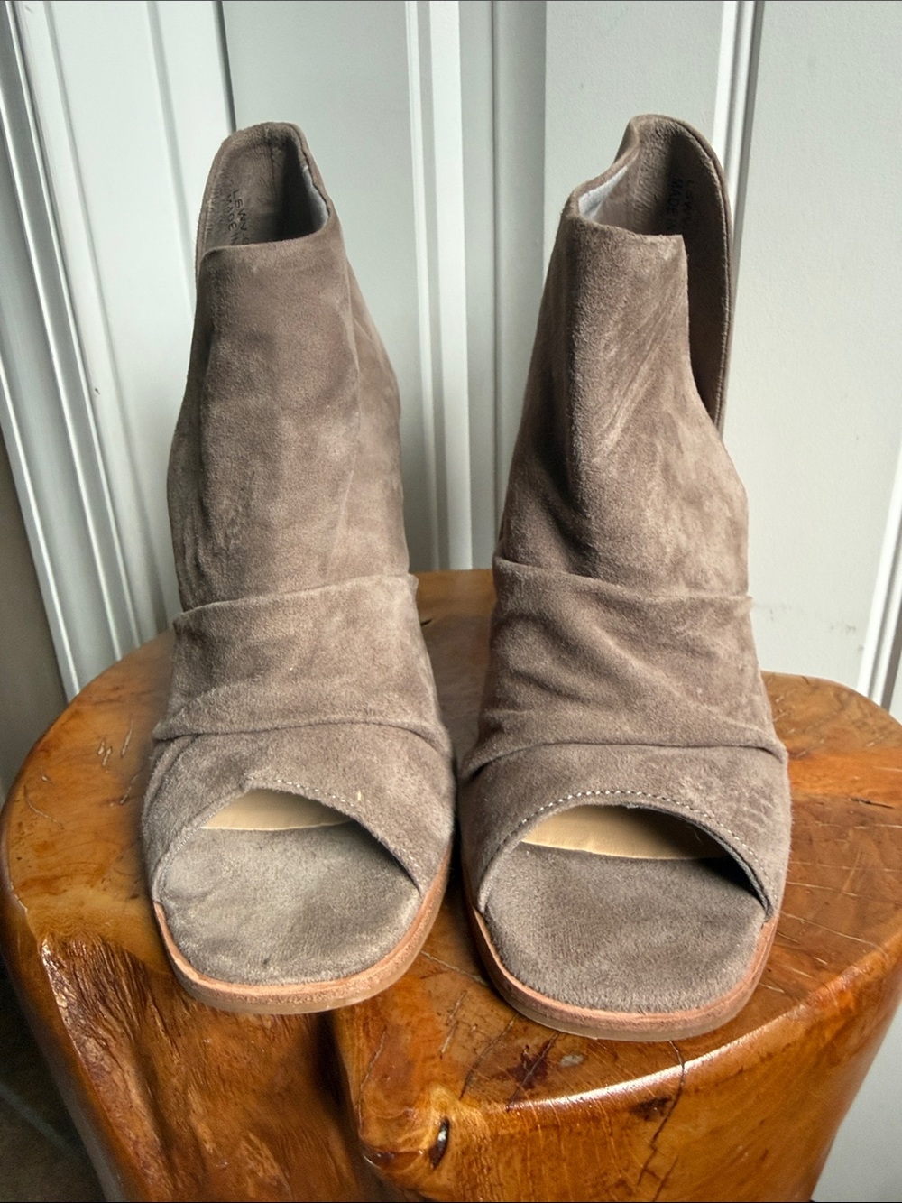 New BCBG Taupe Suede Open-Toe Mules